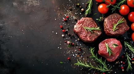 Assortiment d'aliments pour cuisiner, viande et légumes frais sur un fond noir en ardoise, image avec espace pour texte