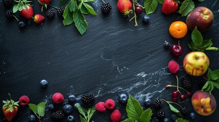 Assortiment de fruits sur un fond noir en ardoise, image avec espace pour texte