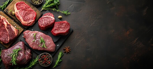 Assortiment de viande pour cuisiner, sur un fond noir en ardoise, image avec espace pour texte