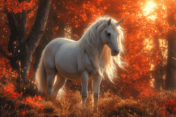 Obraz na płótnie Canvas Autumnal Harmony - Unicorn in Orange Woodland Bathed in Sunlight