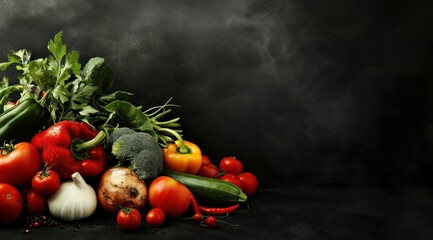 Assortiment de légumes frais sur un fond noir en ardoise, image avec espace pour texte - obrazy, fototapety, plakaty