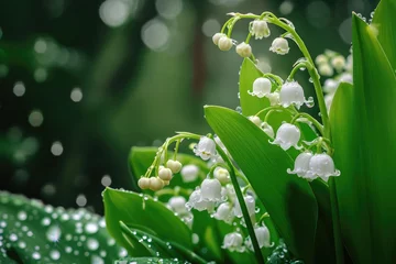 Poster Beautiful white flowers lilly of the valley in rainy garden. Convallaria majalis woodland flowering plant. © Lubos Chlubny