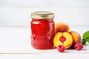 Homemade raspberry peach jam in a glass jar, surrounded by ripe berries on a white table
