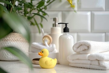 Hypoallergenic foam for kids bath in a white plastic pump bottle Children s cosmetics including bottles towel duck toy and washcloth