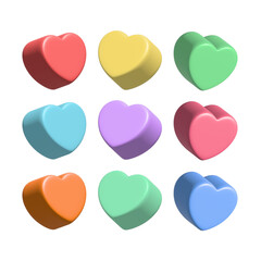 3d realistic heart shaped candy on isolated white background. Festive design element for happy valentines day decoration. Cute pastel hearts render illustration png.
