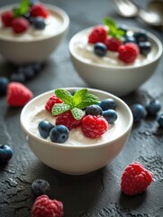 Curd dessert with cream, raspberries, and blueberries garnished with fresh mint