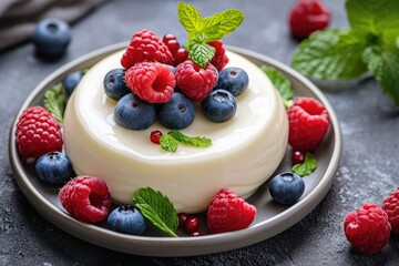 Curd dessert with cream, raspberries, and blueberries garnished with fresh mint