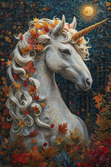 Enchanted Autumn Night - Unicorn in Orange Woodland with Stars and Moon