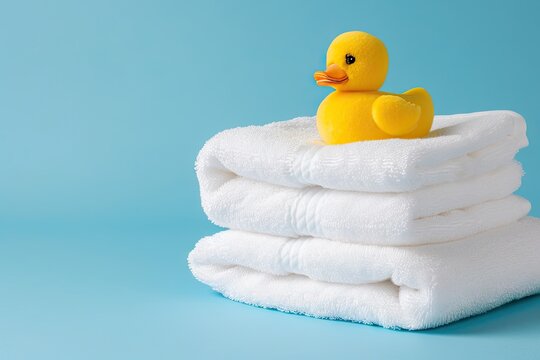 White towels and rubber duck placed on blue surface