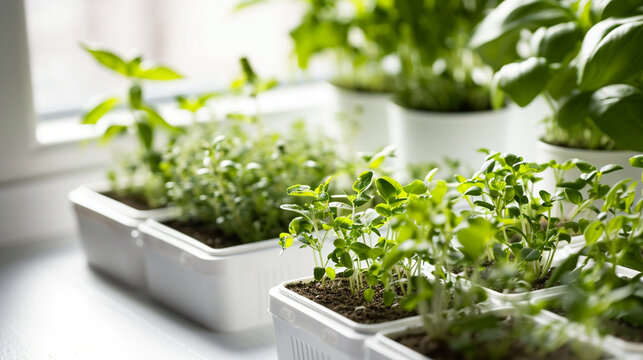 white trays with seedlings on the table.