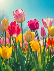 Beautiful panoramic spring nature background with tulip flowers