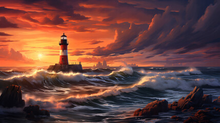Lighthouse at sunset - obrazy, fototapety, plakaty