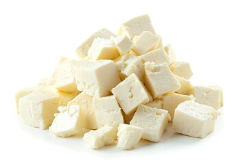 Cubed feta and curd cheese isolated on white background