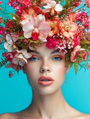 Beauty woman portrait with wreath from flowers on head blue background