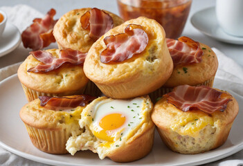 Naklejka na ściany i meble Savory Breakfast Muffins with Bacon, Egg, and Cheese, top view