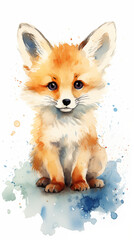 A cute fox in a thick line hand-drawn style, plush feeling, vector file, watercolor, white background, rough, minimalism, front view