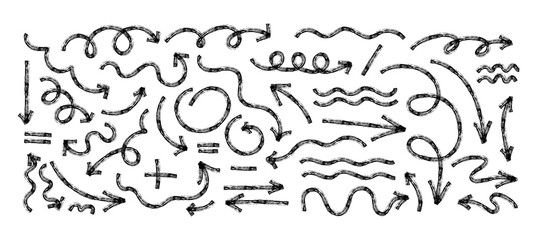 Hand drawn crayon chalk charcoal line arrows set. Many curvy and wavy arrows isolated on white background. Group of squiggles and scribbles strokes. Elements for diagrams. Vector doodle marker