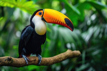 Fototapeta premium Toucan sitting on a branch in the rainforest. Generative AI