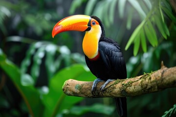 Fototapeta premium Toucan sitting on a branch in the rainforest. Generative AI