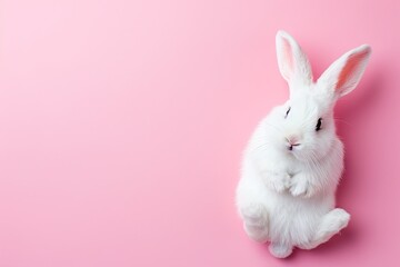 Top view of a white toy rabbit on a pink background with space for copy Easter theme