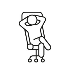 Person relax on work chair, line icon. Man rest on workplace, calm on chair. Lazy tired person, break time. Vector