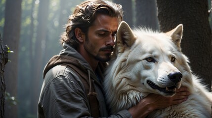 handsome man hugging a wild white wolf in the forest, The image shows friendship, brotherhood, love. Generative AI