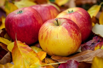 Naklejka na ściany i meble Ripe red-yellow apples lying on autumn leaves.