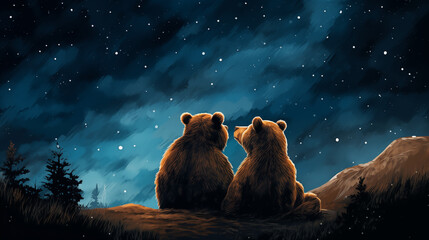 Painted two brown bears against the starry sky with an empty space for the text - obrazy, fototapety, plakaty