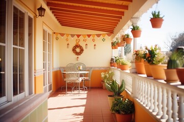 sunlit spanishstyle veranda with hanging terracotta ornaments