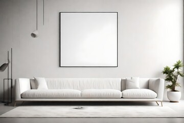 a scene featuring a white sofa positioned against a window, situated near a white wall adorned with a stone-textured poster. Capture the essence of minimalist interior design in a modern living room s