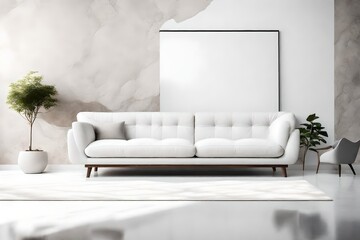a scene featuring a white sofa positioned against a window, situated near a white wall adorned with a stone-textured poster. Capture the essence of minimalist interior design in a modern living room s - obrazy, fototapety, plakaty