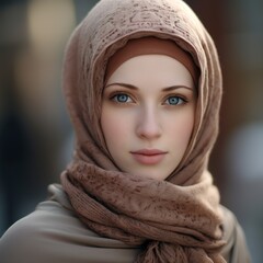 Cute smiling Muslim girl wearing a headscarf. Life style. Close-up portrait