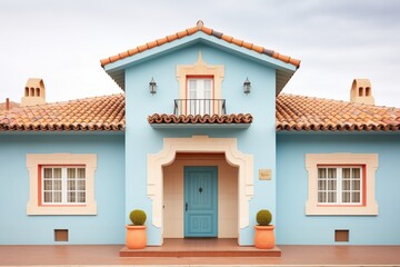 spanish mansion with terracotta roof and blue door fixtures