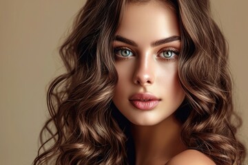 Fototapeta premium Beautiful woman with long healthy and shiny curly hair having a wavy hairstyle displaying care and beauty