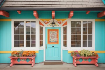 brightly painted front door on tudor with front gable
