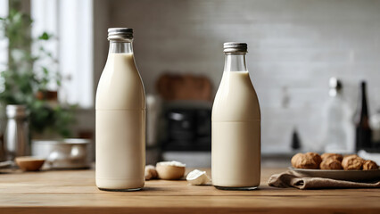 Obraz na płótnie Canvas Mockup of a two white milk bottle on kithen background, Empty reusable bottle template, Generative AI