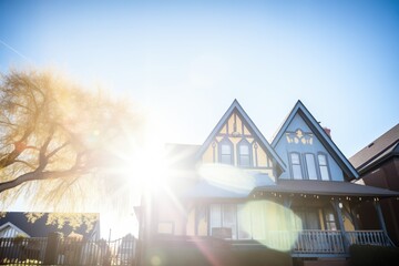 sunflare behind tudor homes prominent front gable - obrazy, fototapety, plakaty