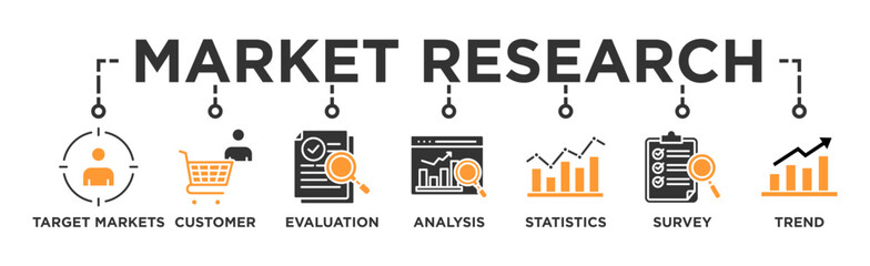 Market research banner web icon vector illustration concept with icon of target markets  customer  evaluation  analysis  statistics  survey and trend