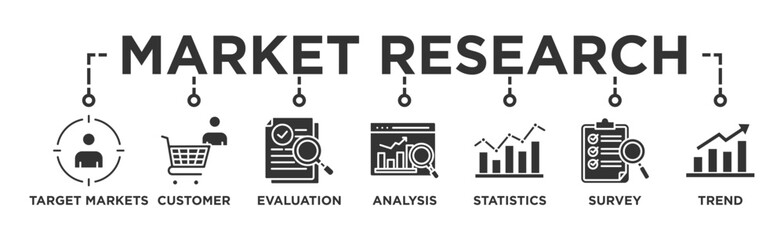 Market research banner web icon vector illustration concept with icon of target markets  customer  evaluation  analysis  statistics  survey and trend - obrazy, fototapety, plakaty