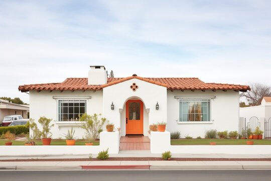 white stucco home with terracotta roof tiles