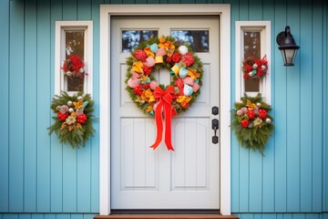 Fototapeta na wymiar wreath on door of a festive cape cod home