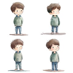 watercolor cartoon illustration collection set, cute  boy smiling, isolated on white background, idea for sticker and junk journal clipart, Generative Ai