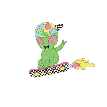 Groovy retro sci-fi friendly green man alien in baseball cap on skateboard rocket vector illustration isolated on white. 60s 70s 80s 90s pace galaxy universe celestial print poster postcard.