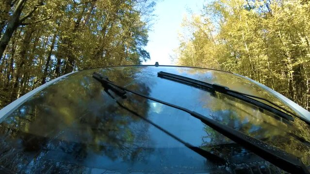 Windshield cleaning with spray and wipers while driving 4K. Windshield from car bonnet view with the reflective windshield in focus. Background forest and blue sky.