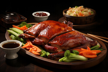 Peking duck pieces, pita bread, vegetables. Generative AI.