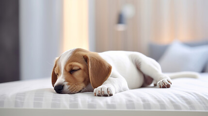 Puppy is sleeping on white mattress hotel room