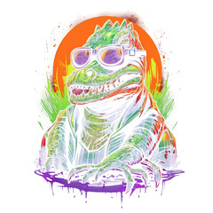 green crocodile with a mask  design, beautifies t-shirt screen printing, generative AI
