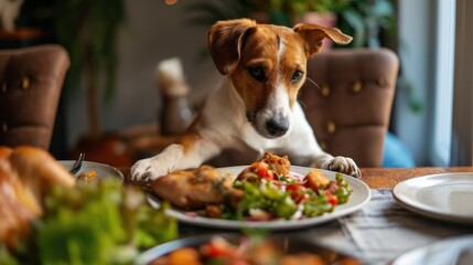 Photos of a hungry dog and food in the kitchen at home. Jack Russell sniffs the chicken before pulling it off the table - obrazy, fototapety, plakaty