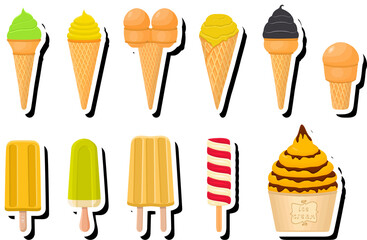 Illustration on theme big kit ice cream popsicle different types in cone waffle cup