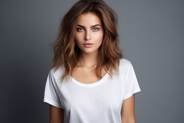 Fototapeta premium Woman in White Tshirt Mockup created with Generative AI